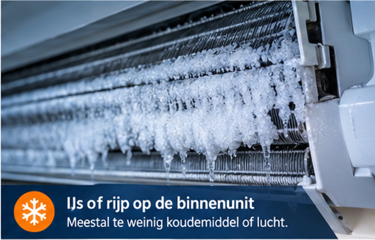 IJs en rijp op de verdamper van een airco-binnenunit — teken van te weinig luchtdoorstroming of te weinig koudemiddel