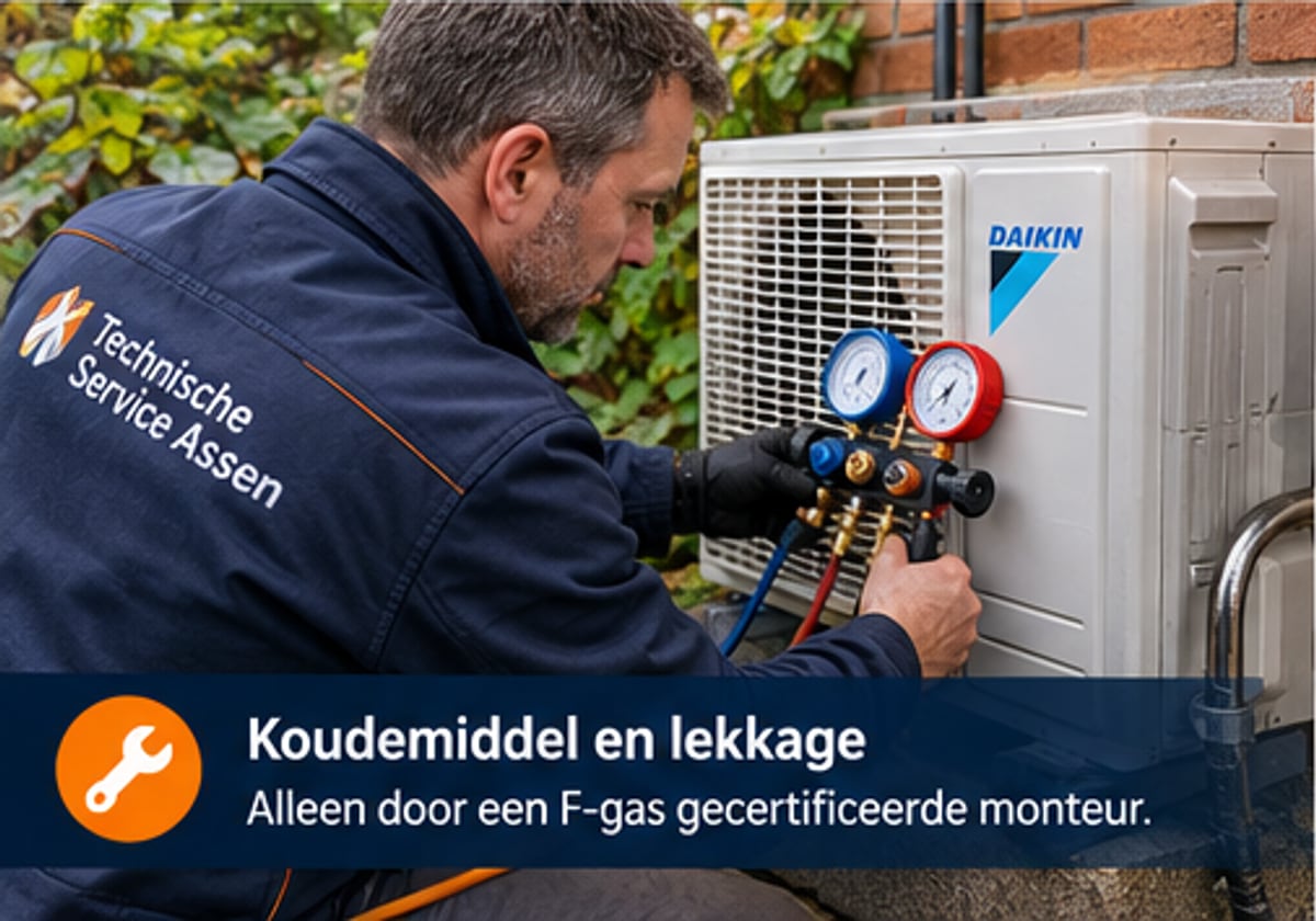 F-gas gecertificeerde monteur van Technische Service Assen meet de koudemiddeldruk op een airco-buitenunit