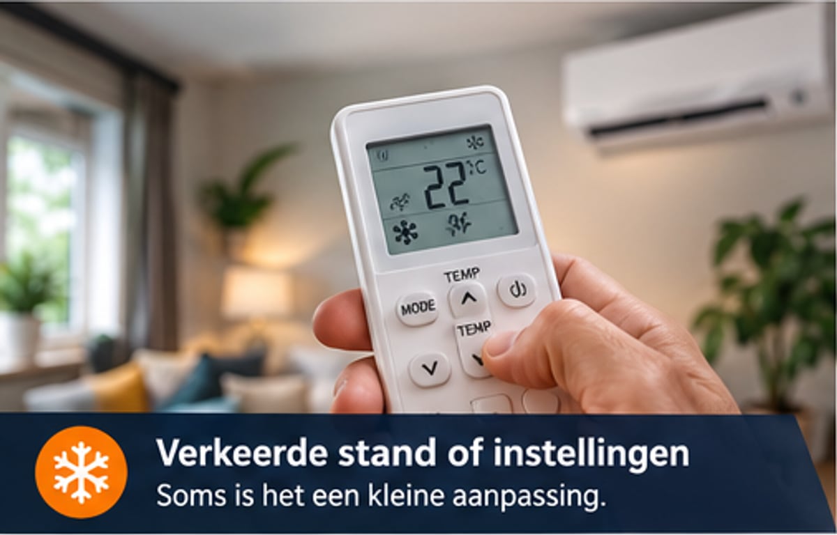 Afstandsbediening van een airco op 22 graden in een woonkamer — controleer eerst de stand en de ingestelde temperatuur