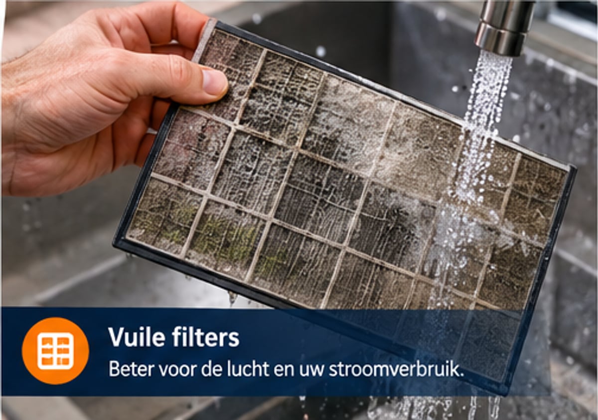 Vuil airco-filter wordt onder de kraan schoongespoeld — vuile filters geven muffe lucht en een hoger stroomverbruik