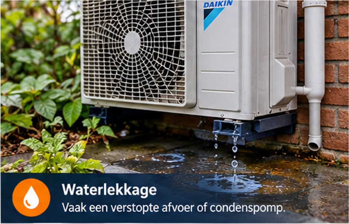 Water loopt uit de condensafvoer van een airco-buitenunit langs de gevel — meestal een verstopte afvoer of condenspomp